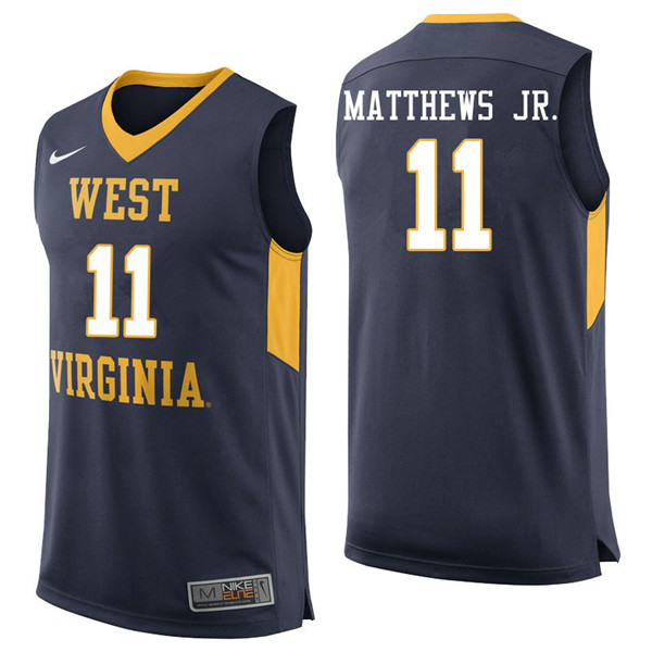 Men #11 Emmitt Matthews Jr. West Virginia Mountaineers College Basketball Jerseys Sale-Navy - Click Image to Close
